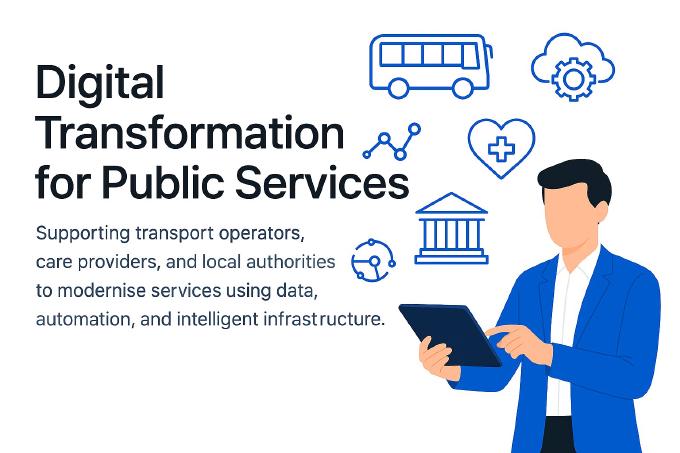 Illustration of a public services professional with a tablet, surrounded by icons for government buildings, transport, health, and connected systems